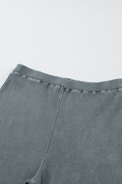 Woman wearing Dark Grey Vintage Wash Ribbed Leggings in a casual setting