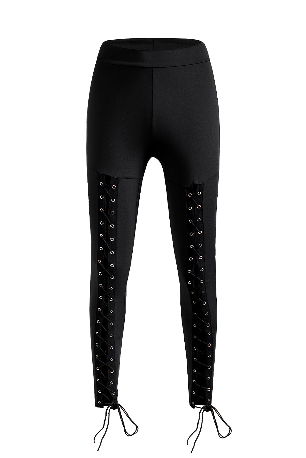 Woman wearing Black Grommet Lace Up Front Leggings in a stylish setting