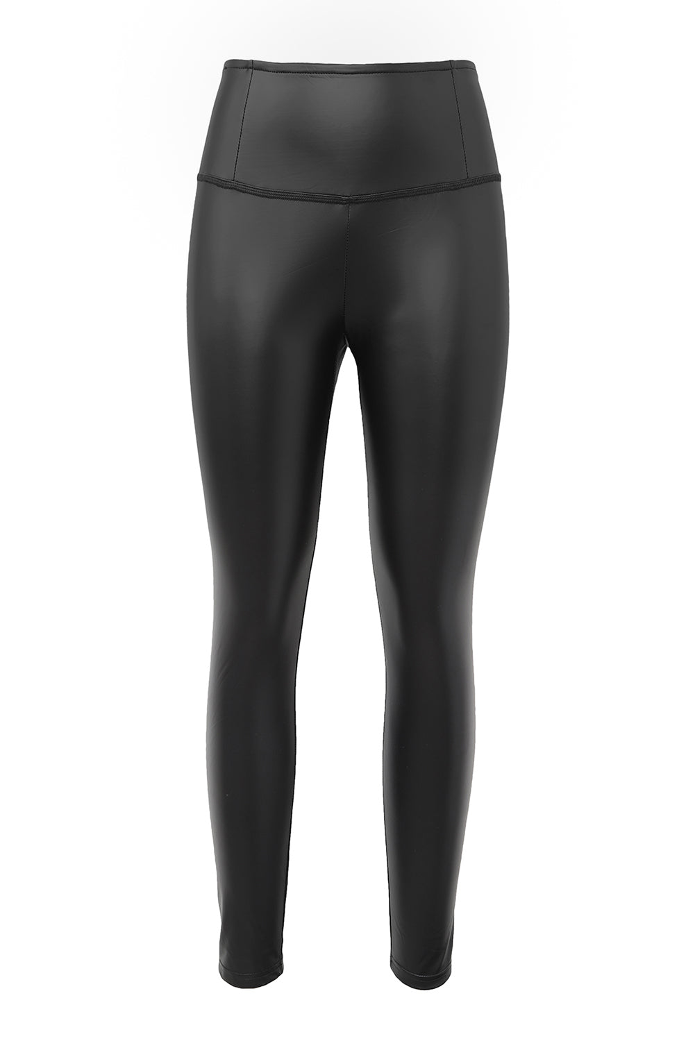 Woman wearing Black Faux Leather High Waist Leggings in a trendy urban setting