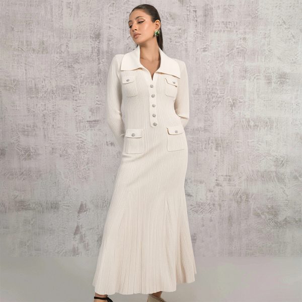 Ivory fishtail maxi dress delicate and elegant ribbed knit long sleeve stretch slim wrap Womens dresses  spring new