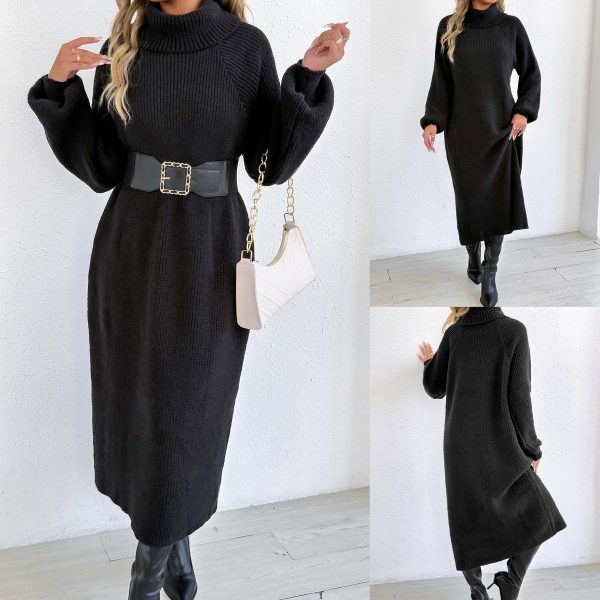 Lady’s Dress Women’s Clothing Loose Casual Long Dress High Neck Turn-down Collar Sweater Dress Without Belt alternate