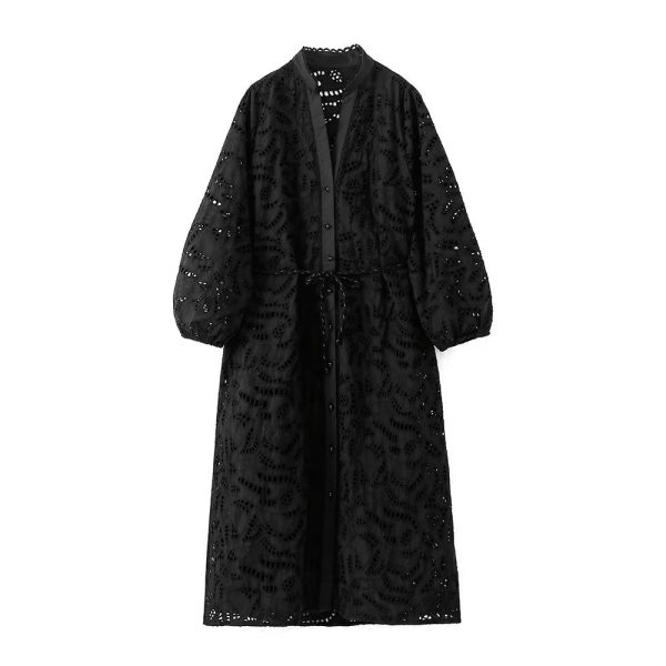 Fashion Summer With Belt Button-up Black Embroidery Dress