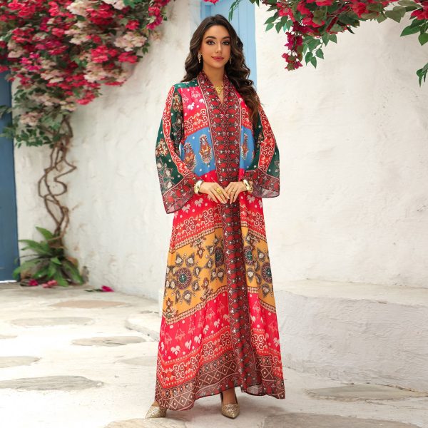 Print Rhinestone Embellished Maxi Dress Multicolor Batwing Sleeve Dress alternate