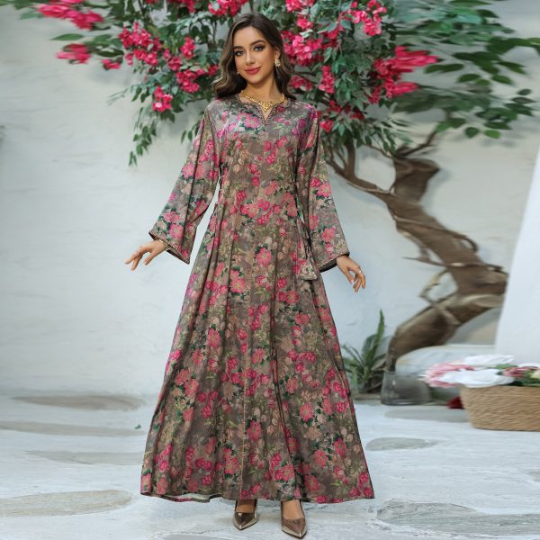 Printed Rhinestone Dress Soft Fabric Home Wear Crewneck Long Dress alternate