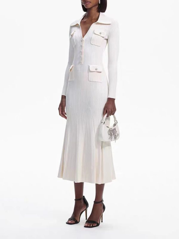 Ivory fishtail maxi dress delicate and elegant ribbed knit long sleeve stretch slim wrap Womens dresses  spring new alternate