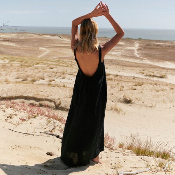Linen Strap Tassel Long Dress Pure Color Loose Long Dress Holiday Sexy Style Dress