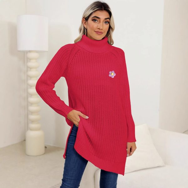 Lady’s Base Layer Sweater, Hand-Crocheted Flower, High Neck, Simple Split Design Dress alternate