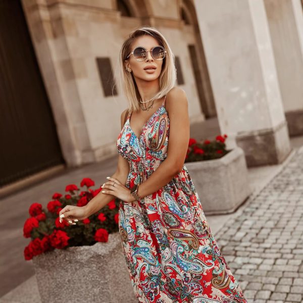 V-neck camisole printed long dress alternate