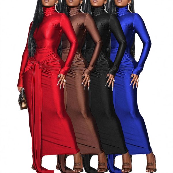 Fashion High Neck Belted Dress Long Dress alternate
