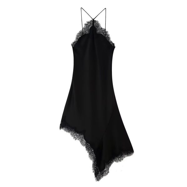 Splicing lace satin texture suspender dress