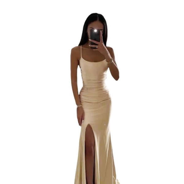 Strap sexy slit fishtail dress