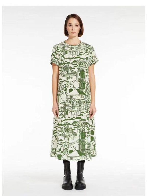 Vintage Architecture Print Short Sleeve Silk A-Line Dress