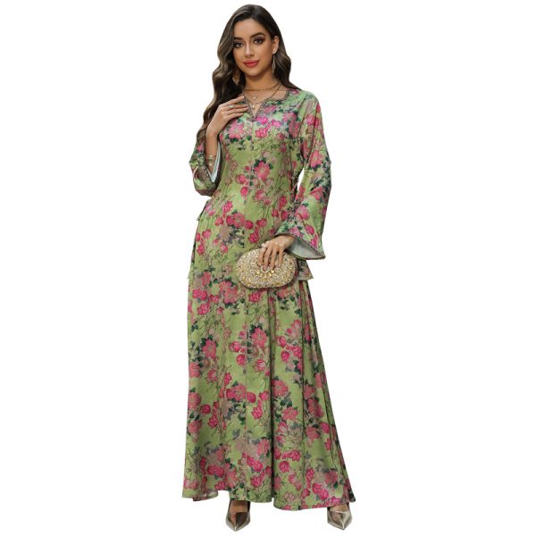 Printed Rhinestone Dress Soft Fabric Home Wear Crewneck Long Dress
