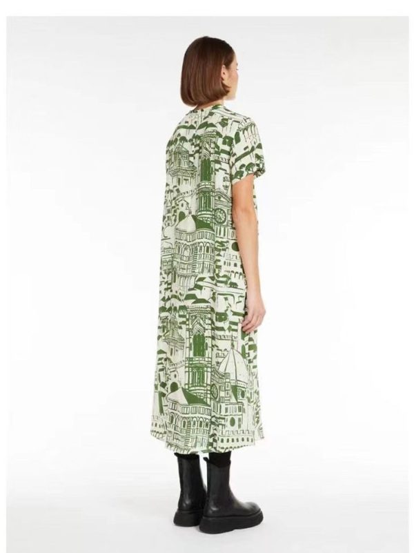 Vintage Architecture Print Short Sleeve Silk A-Line Dress alternate