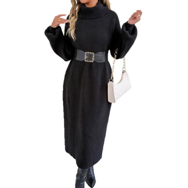Lady’s Dress Women’s Clothing Loose Casual Long Dress High Neck Turn-down Collar Sweater Dress Without Belt
