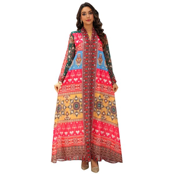 Print Rhinestone Embellished Maxi Dress Multicolor Batwing Sleeve Dress