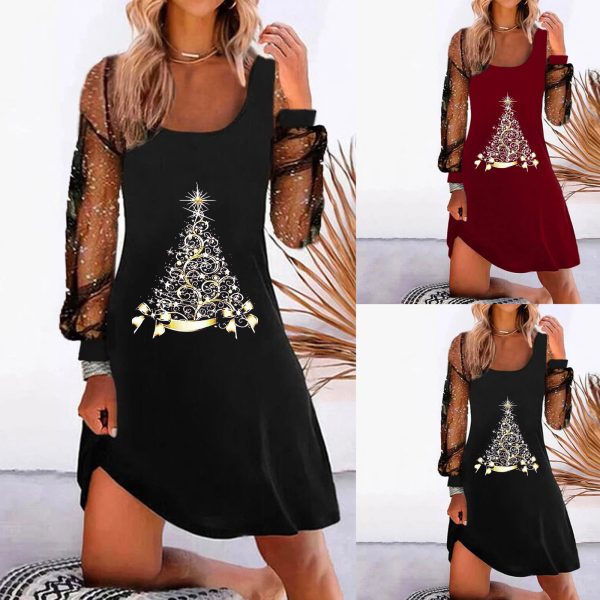 Christmas tree printed mesh patchwork dress alternate