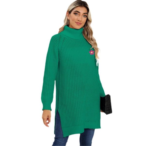 Lady’s Base Layer Sweater, Hand-Crocheted Flower, High Neck, Simple Split Design Dress